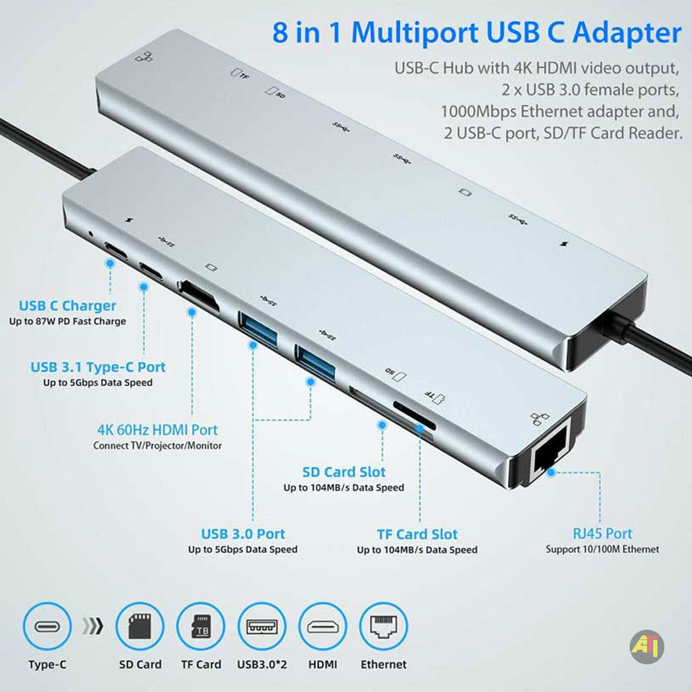 Adaptateur Hub USB-C 8-en-1 Vers HDMI 4K, Ethernet RJ45, PD 87W