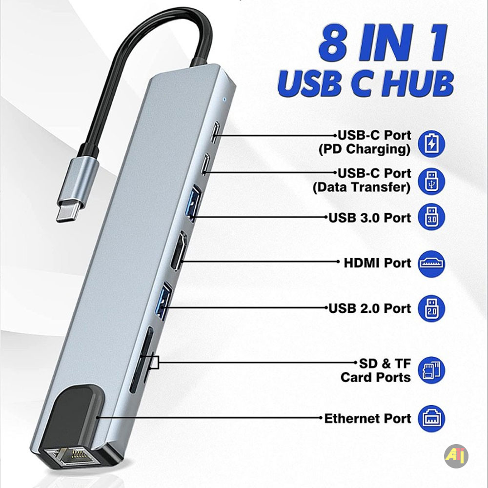 Adaptateur Hub USB-C 8-en-1 Vers HDMI 4K, Ethernet RJ45, PD 87W, Port USB  3.0 Et USB 2.0, Carte SD/TF, Type C - 2024 - TOGO INFORMATIQUE